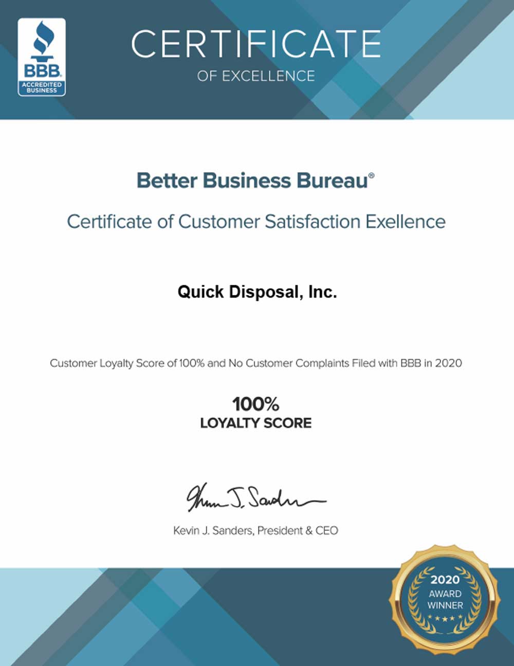 alt tagCertificate Excellence BBB Quick Disposal