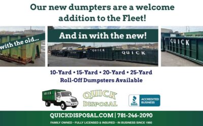 Quick Disposal takes pride in maintaining and updating our equipment. We welcome a fleet of new dumpsters ready to reserve! Call (781) 246-2090 or visit us online at quickdisposal.com.